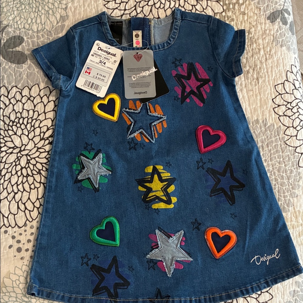 Desigual Denim Dress with Vibrant Star and Heart Accents